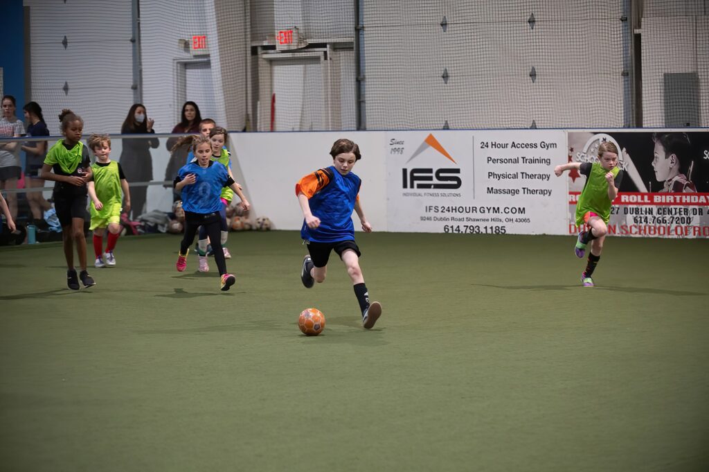 youth soccer players, indoor scrimmage