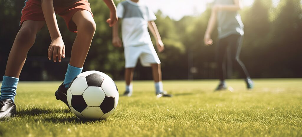 youth soccer players practice drill work on the field