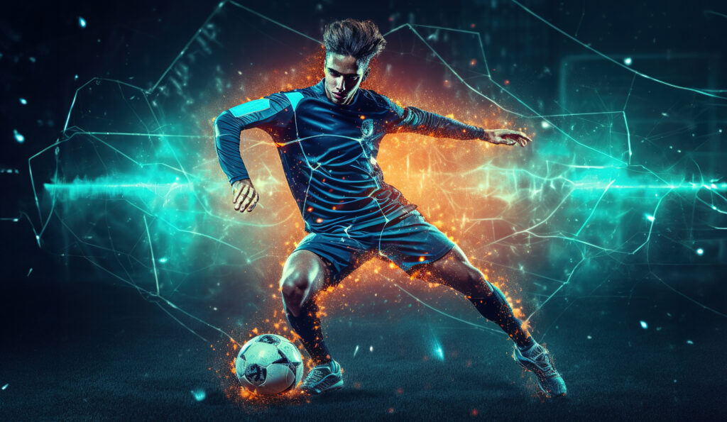 Soccer player wearing high-tech, expensive soccer gear in a futuristic stadium background.