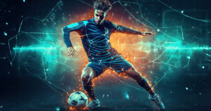 Soccer player wearing high-tech, expensive soccer gear in a futuristic stadium background.