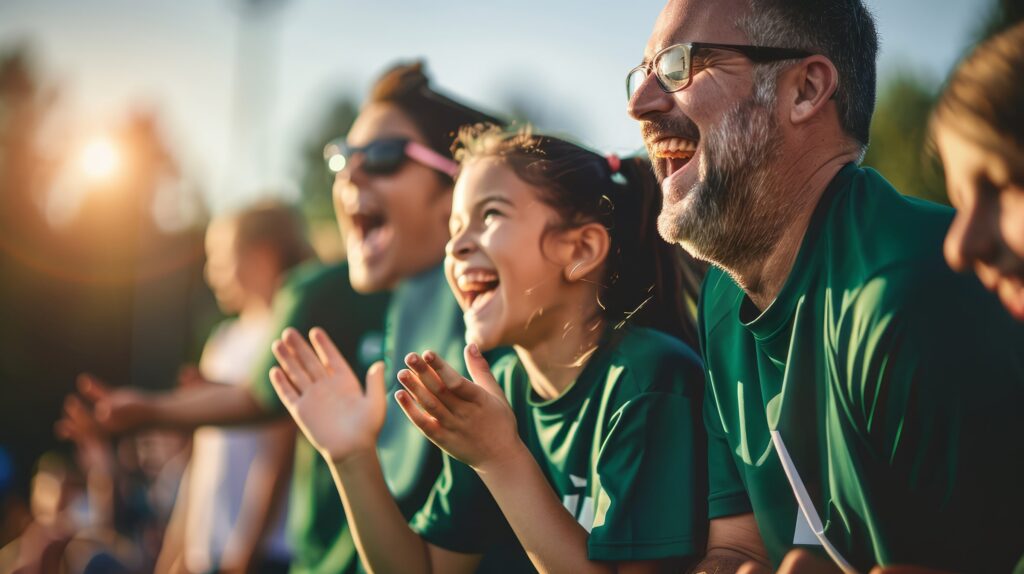 Happy family members cheering on the sideline at Locker Soccer Academy game, showing positive support for youth soccer players.