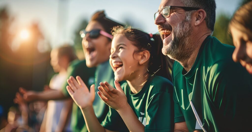 Happy family members cheering on the sideline at Locker Soccer Academy game, showing positive support for youth soccer players.