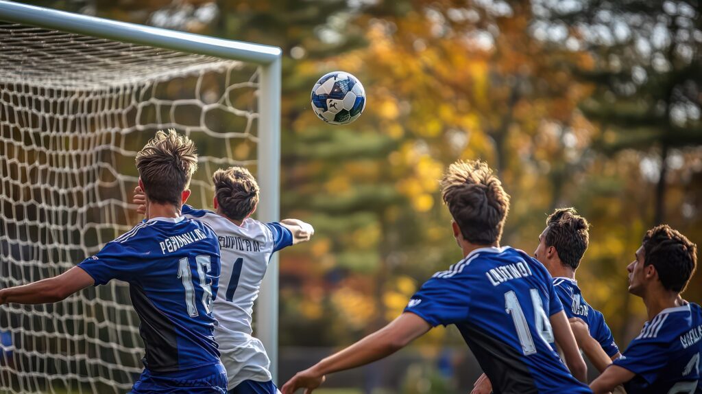 A group of offensive soccer players in blue jerseys charging toward the goal as the ball approaches.