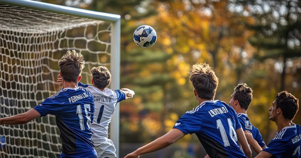 A group of offensive soccer players in blue jerseys charging toward the goal as the ball approaches.