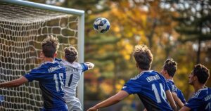 A group of offensive soccer players in blue jerseys charging toward the goal as the ball approaches.