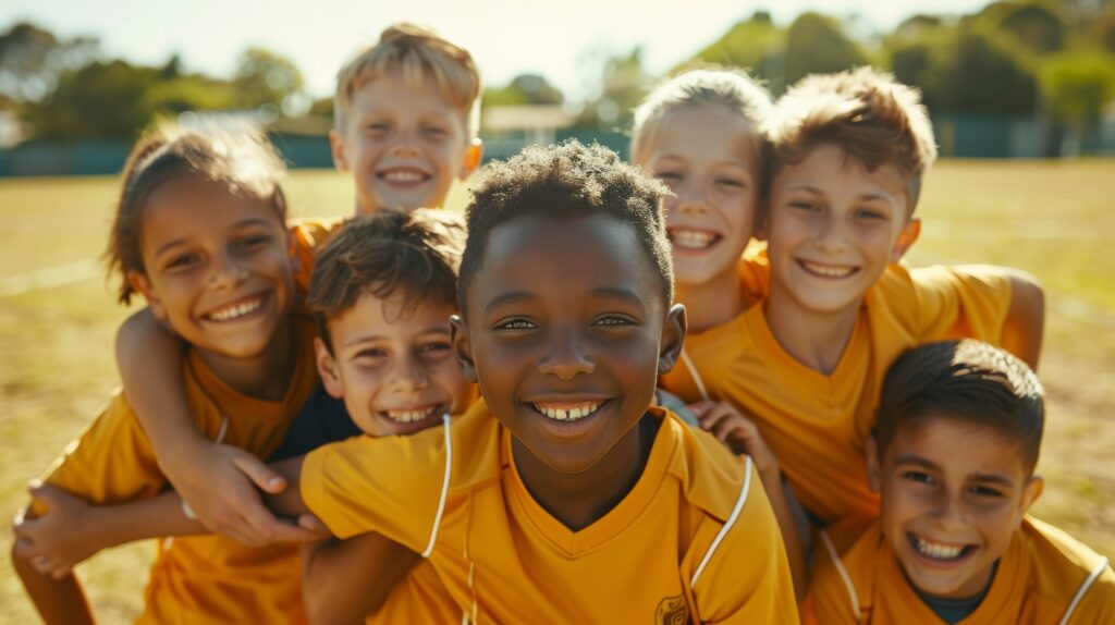 A group of youth soccer players in yellow jerseys smiling on the field, representing confidence-building at Locker Soccer Academy.