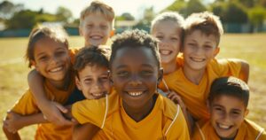 A group of youth soccer players in yellow jerseys smiling on the field, representing confidence-building at Locker Soccer Academy.