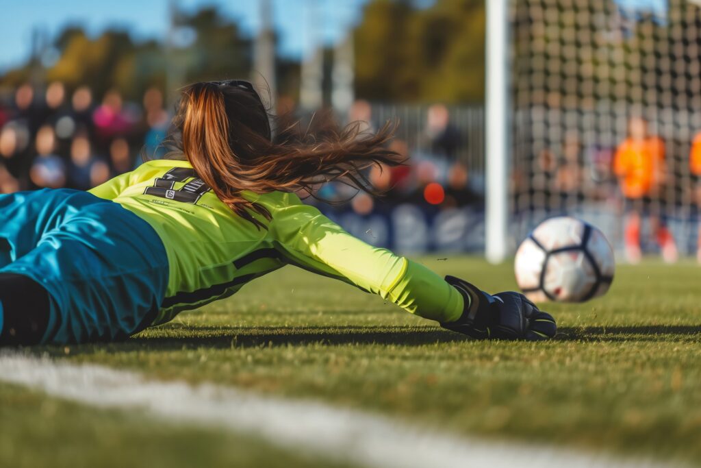 Rear view of a female soccer goalkeeper diving on the ground, just missing the ball before it enters her own goal.