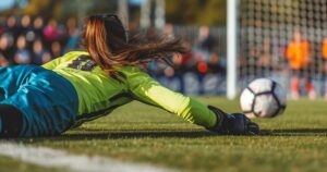 Rear view of a female soccer goalkeeper diving on the ground, just missing the ball before it enters her own goal.