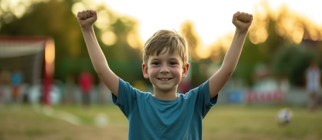 A young soccer player celebrates confidently on the training field, showcasing the importance of self-belief in sports.