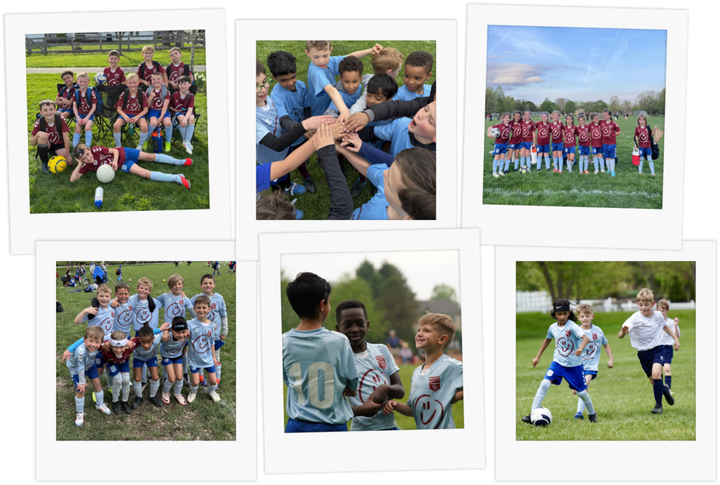 Locker Soccer Elite club team players competing in high-level soccer matches and training sessions shown in a polaroid-style photo collage